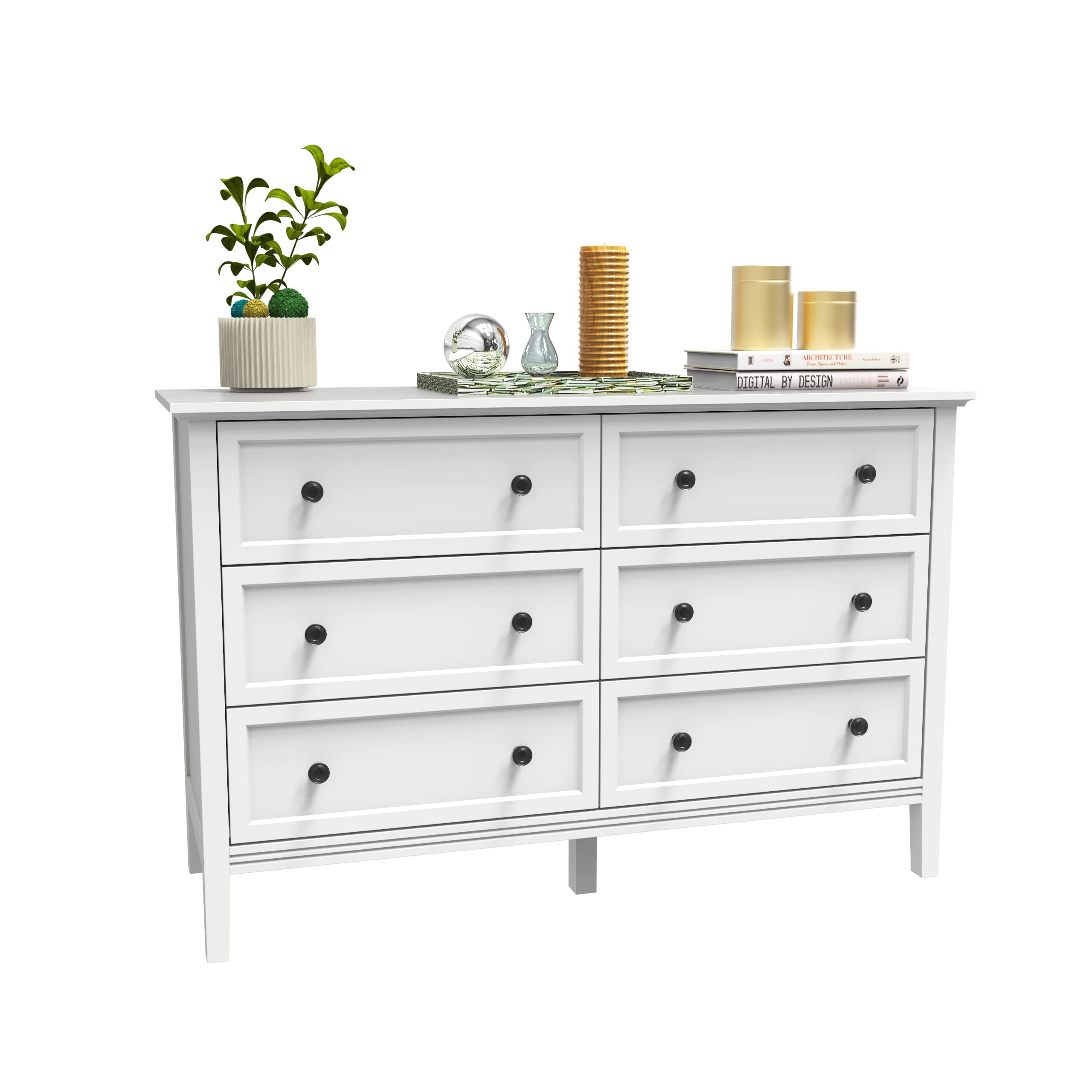 LYNSOM White Dresser - Modern 6-Drawer Wooden Chest for Bedroom & Living Room, Deep Storage Drawers, Wide Dresser with Ample Space | Perfect for Organizing Clothes, Bedding & Home Essentials