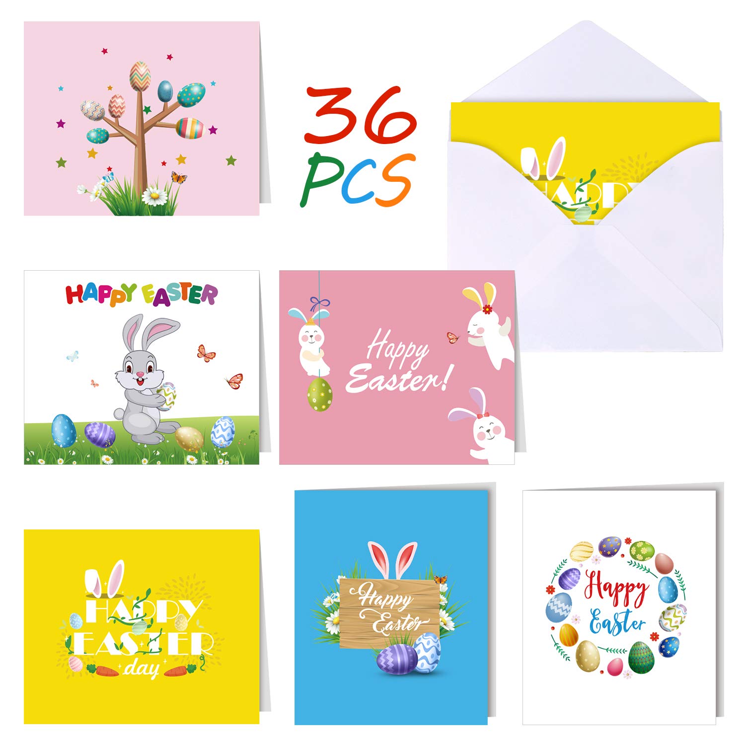 FEPITO 36 Pack Happy Easter Greeting Cards with Envelopes - Bunny Rabbit Egg Design Spring Note Cards for Kids (6 Styles) - Perfect for Easter Celebrations, Classroom Activities & Party Favors