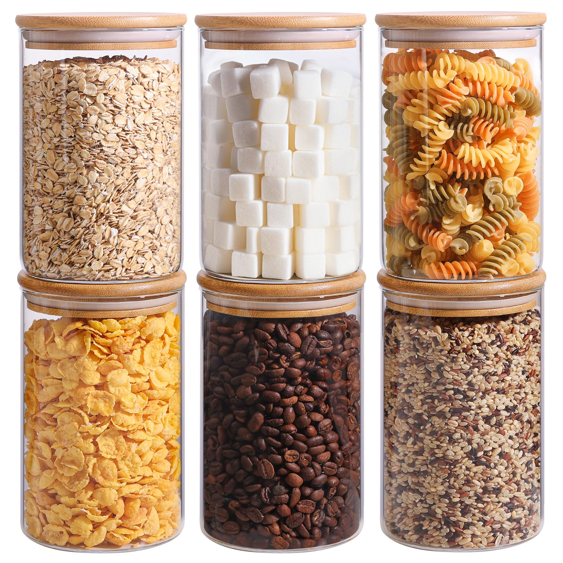 ComSaf 32oz Glass Storage Containers with Airtight Lids - Set of 6 Clear Round Canisters for Pantry Organization - Perfect for Storing Cookies, Pasta, Flour, Rice, Tea & Coffee Beans - Ideal for Kitchen, Pantry & Meal Prep Organization