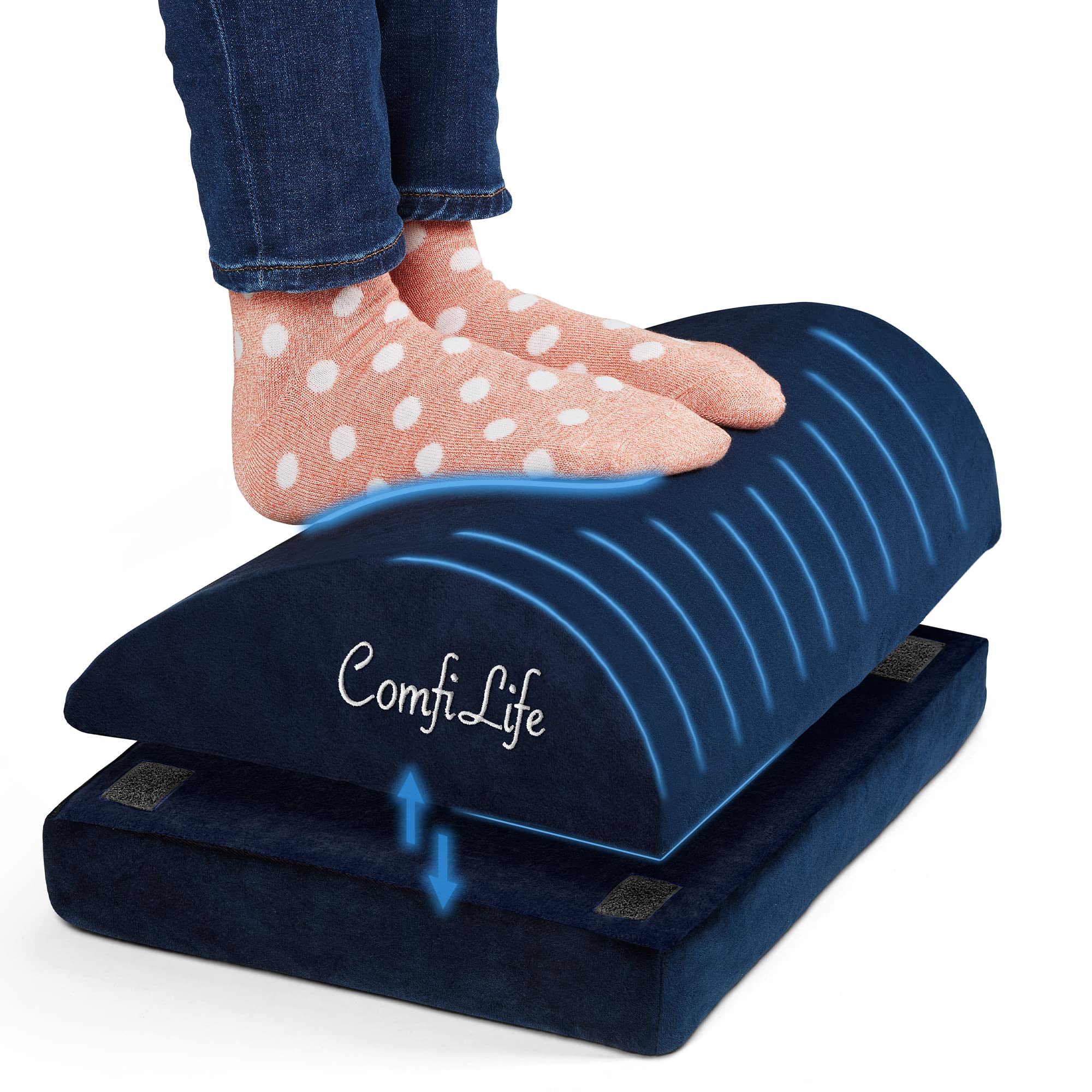 ComfiLife Adjustable Memory Foam Foot Rest for Under Desk - Ergonomic Teardrop Design Office Footrest for Back, Hip & Leg Pain Relief - Perfect for Work, Gaming & Home Office (Navy Blue)