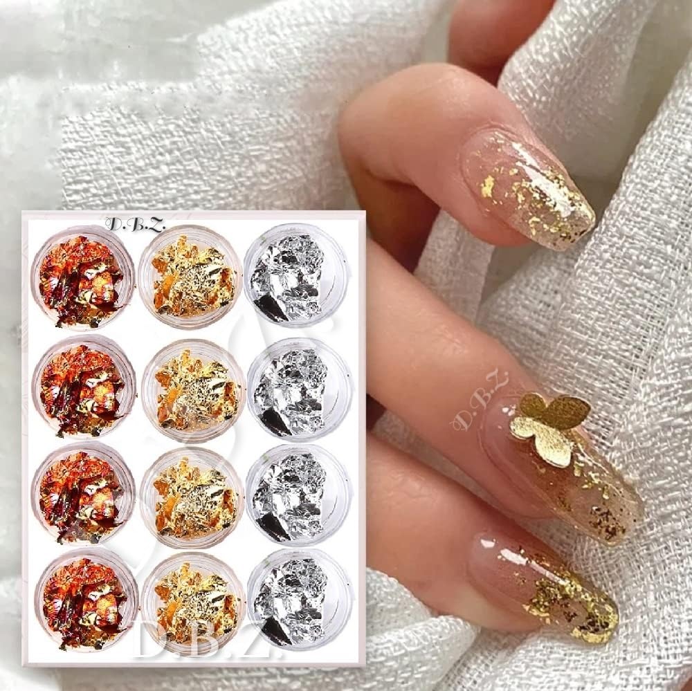 D.B.Z.® 12 Pack Gold Silver Copper Nail Foils - Shimmering Glitter Flakes & Sequins for Nail Art Designs | DIY Manicure, Salon, Party & Special Occasion Nail Decorations