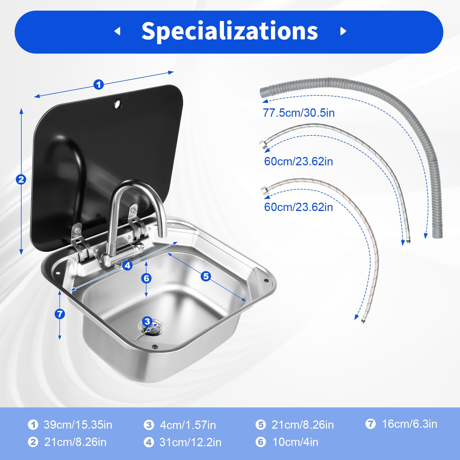 17 Inch Stainless Steel RV Kitchen Sink with Folded Faucet & Glass Lid - Drop-in Hand Wash Basin for Caravan, Trailer, Van & Camper | Perfect for Compact Spaces & Outdoor Cooking