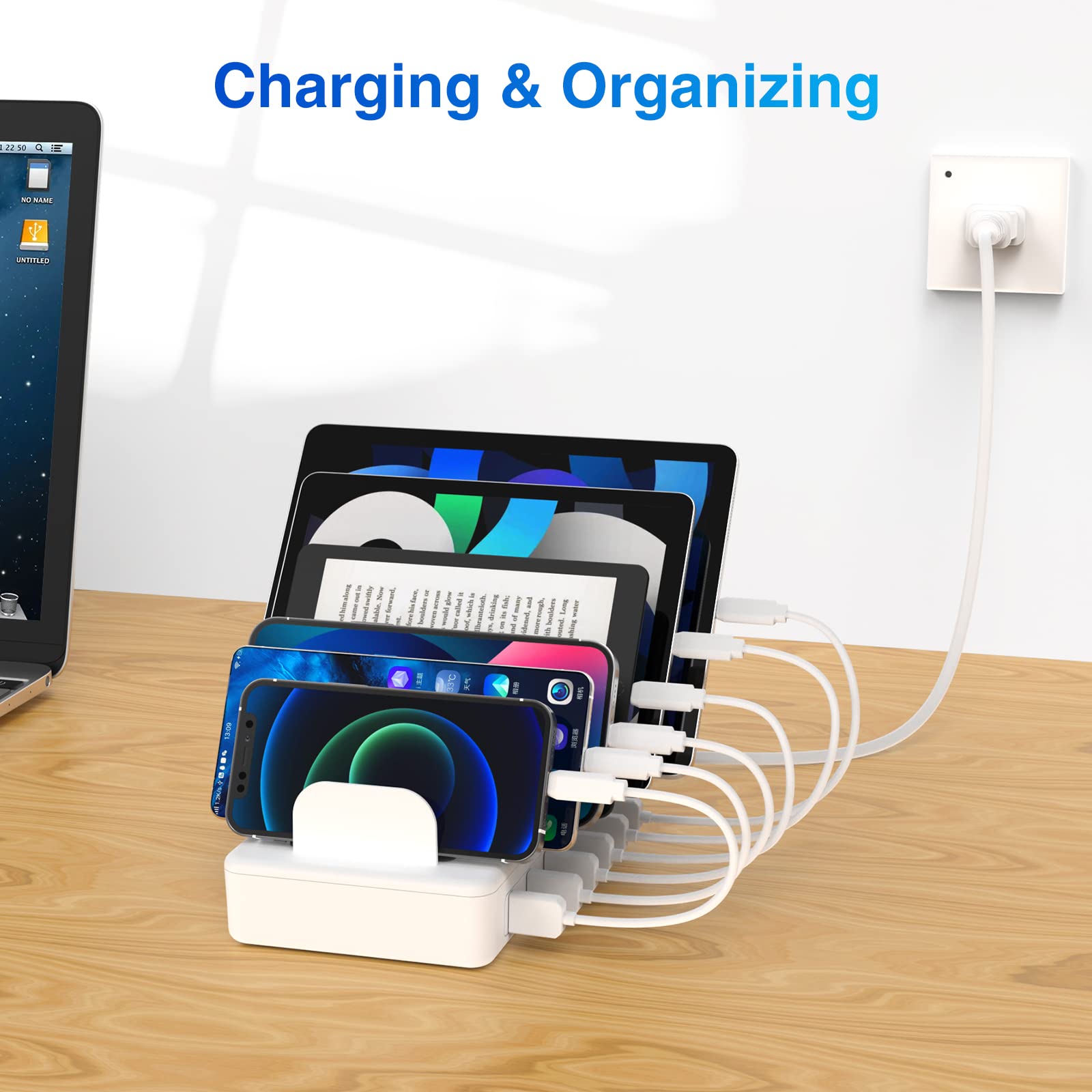 ZXSWONLY 6-Port USB Charging Station with 6 Cables - Fast Multi Device Charger Dock for iPhone, Android, Tablet, Kindle, iPad, Smartphones - Perfect for Home, Office, Travel & Nightstand Charging (White)