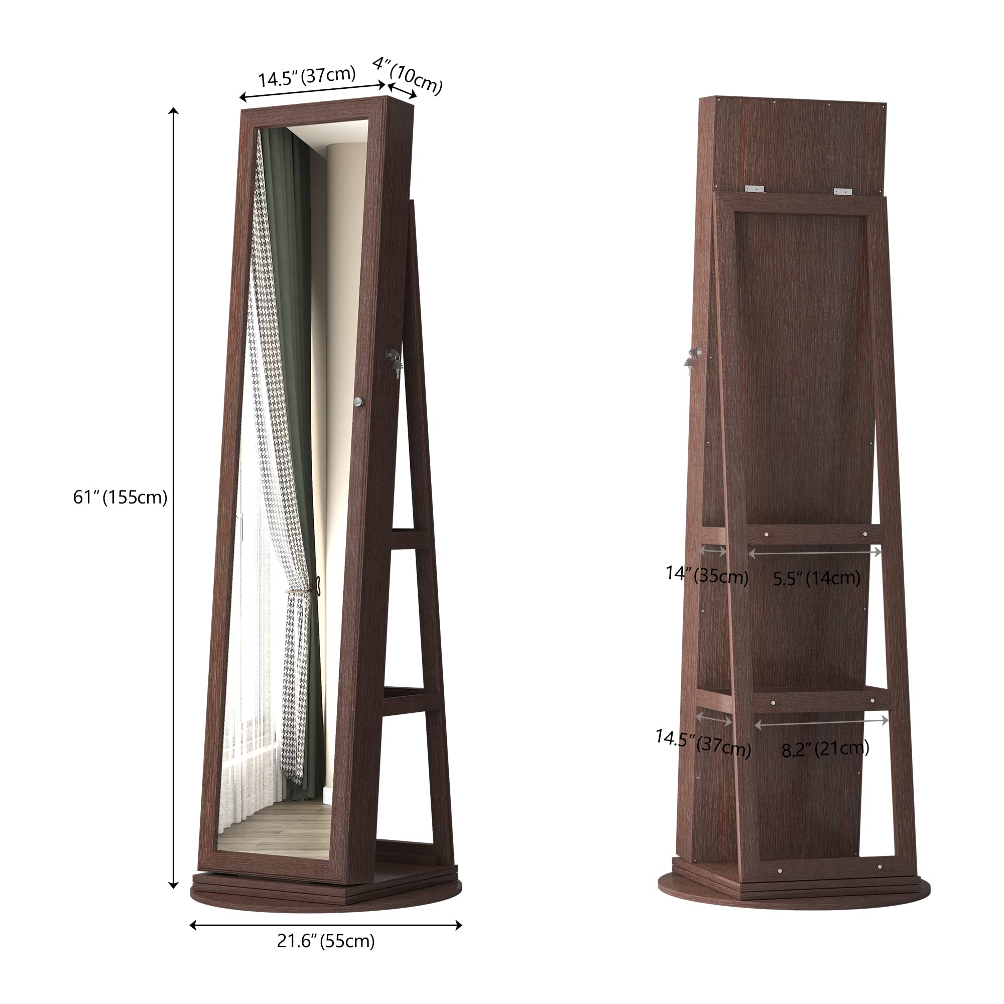 360° Swivel Jewelry Cabinet with Full-Length Mirror - Freestanding Jewelry Armoire Organizer for Bedroom & Dressing Room (Dark Brown) | Perfect for Closet Organization & Home Decor