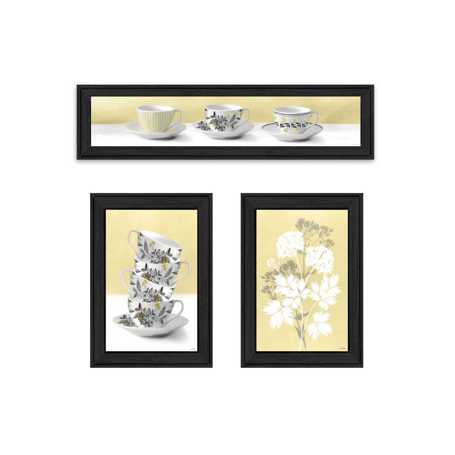 Artisan House Fenway Black Framed Print - 3-Piece Tea Cups & Yellow Flowers Vignette Wall Art | Multi-Color Home Decor for Living Room, Bedroom & Office