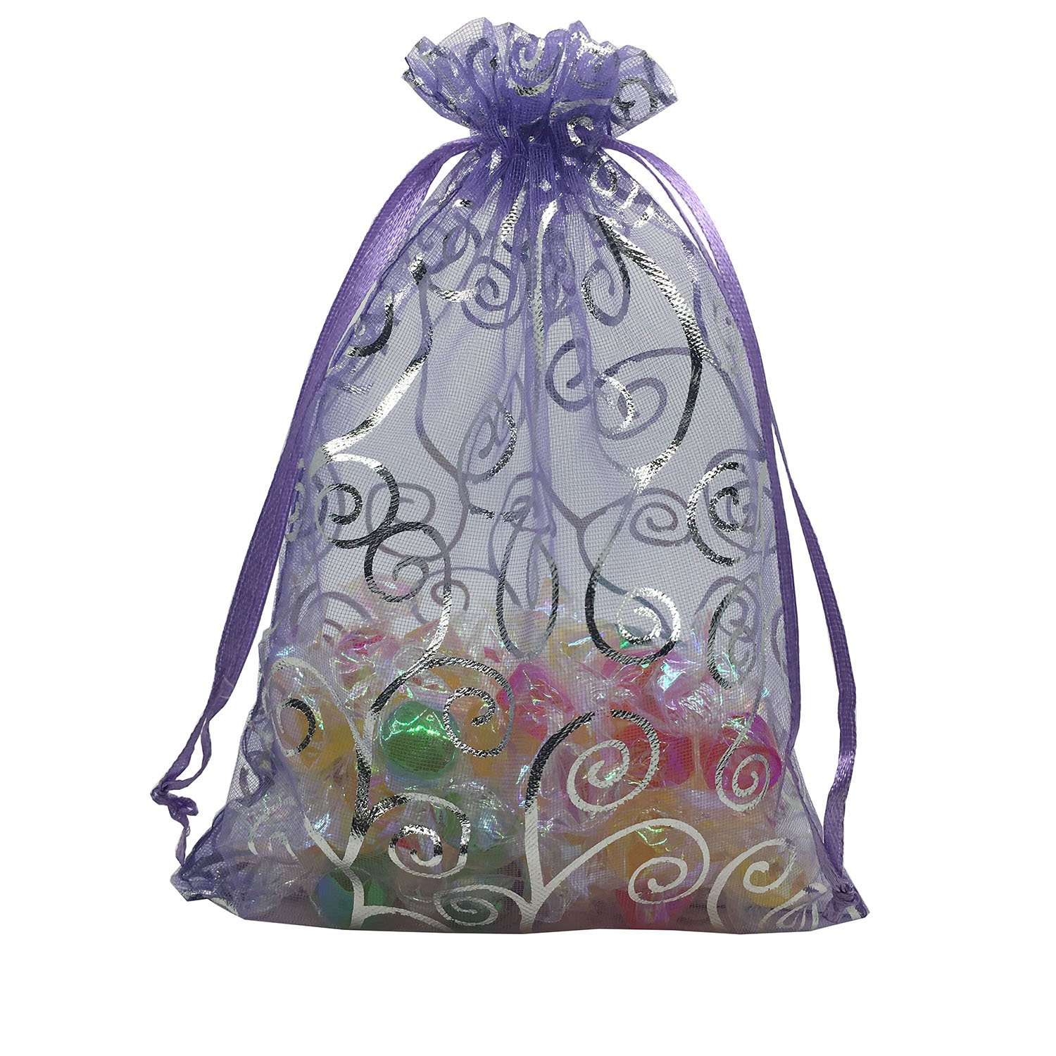 100pcs 5x7 Inches Purple Silver Drawstring Organza Gift Bags for Wedding Favors, Candy Packaging, Party Decorations & Bridal Shower Gifts