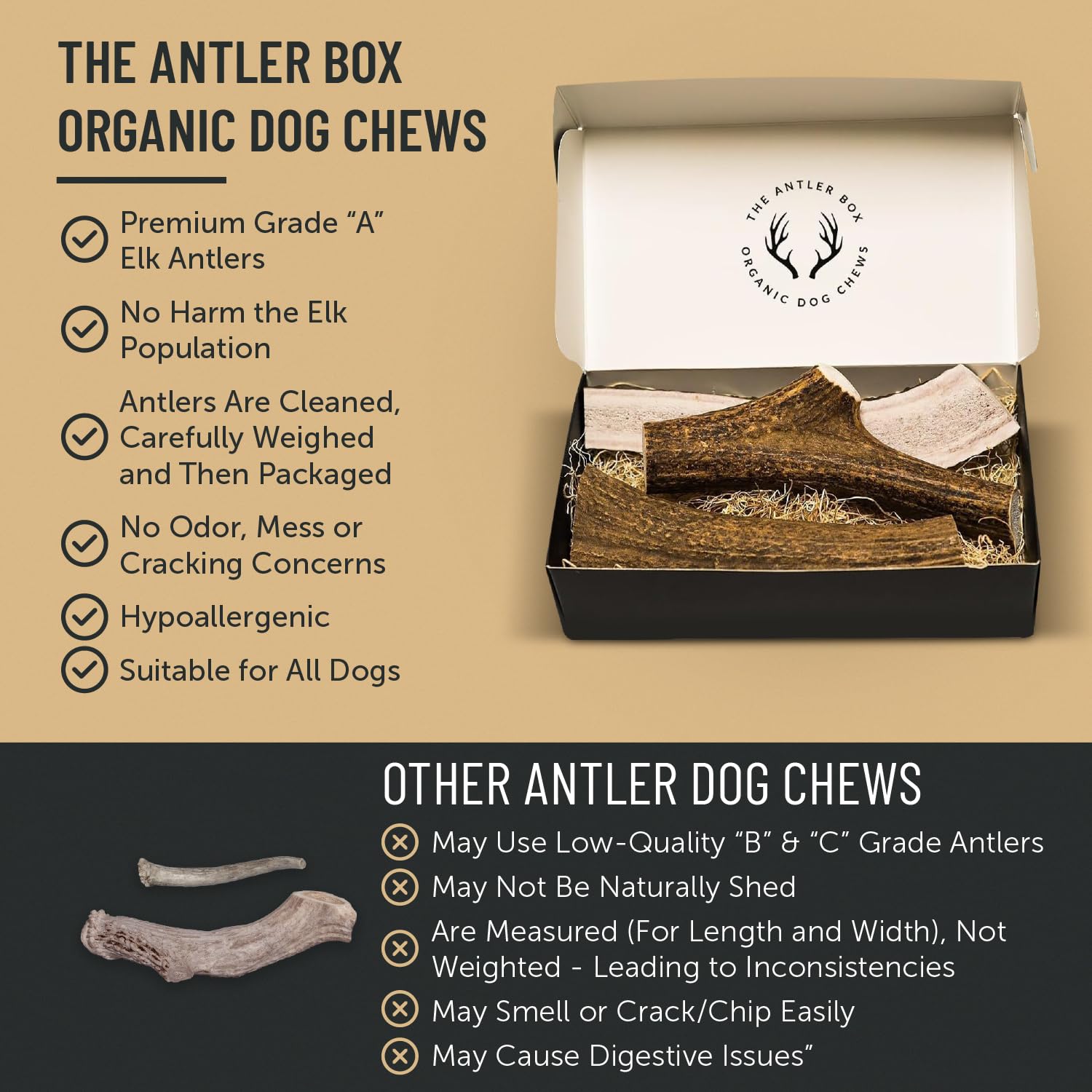 Premium Elk Antler Dog Chews for Large & Medium Breeds - Natural Long-Lasting Dental Treats (1lb Box, 4-Piece Mixed Whole/Split Antlers) - Perfect for Aggressive Chewers & Puppy Teething Relief