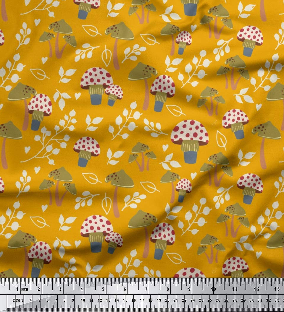 Soimoi Cotton Voile Gold Fabric by The Yard - 42 Inch Wide Printed Fabric with Leaves & Mushroom Botanical Tapestry Design - Earthy Patterns for Dresses, Curtains, DIY Crafts & Home Decor