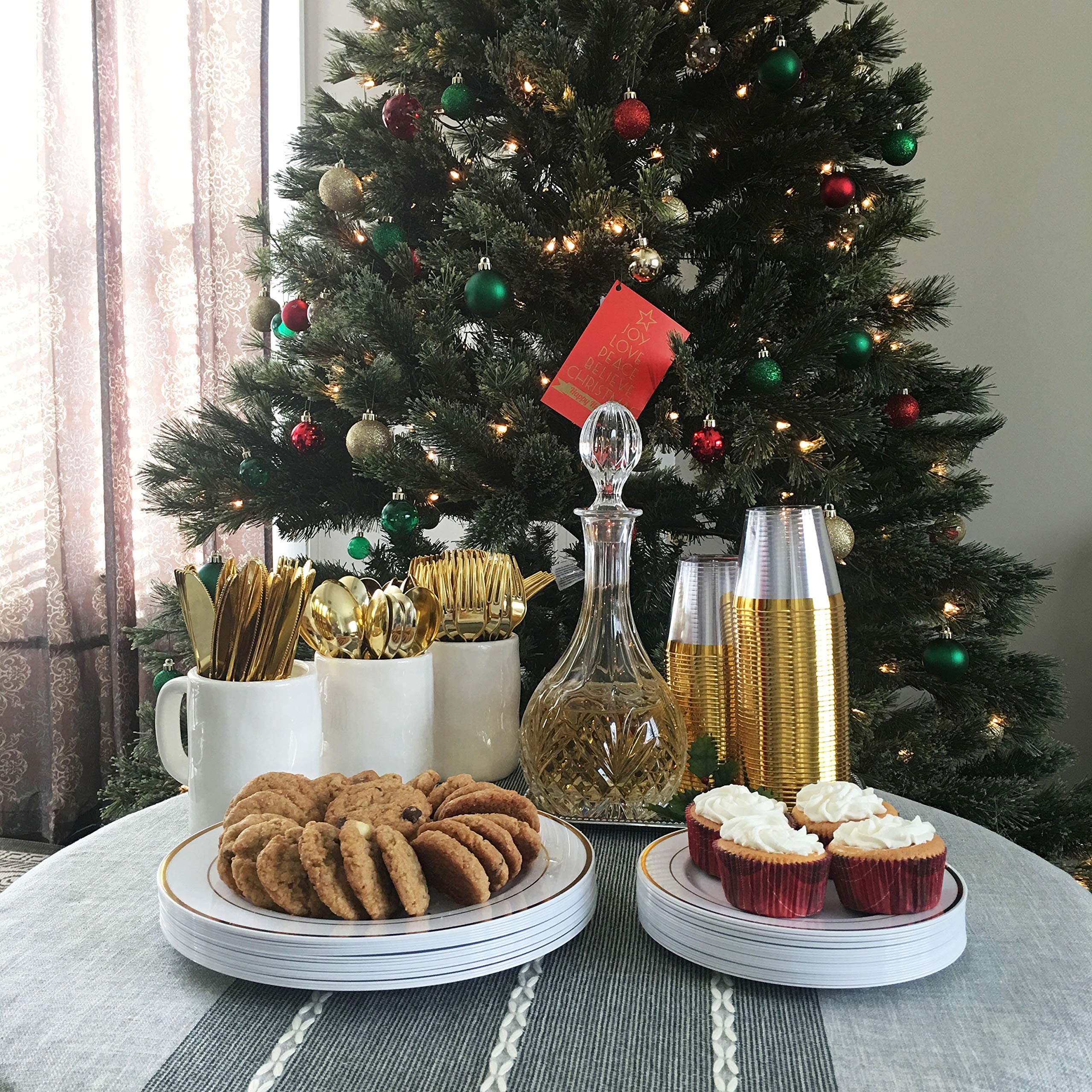 125-Piece Gold Plastic Plates & Cutlery Set - Reusable & Recyclable Dinnerware for Weddings, Parties & Events - 25 Gold Rim Plates, 25 Salad Plates & 75 Silverware Utensils - Perfect for Bridal Showers, Anniversaries & Outdoor Gatherings