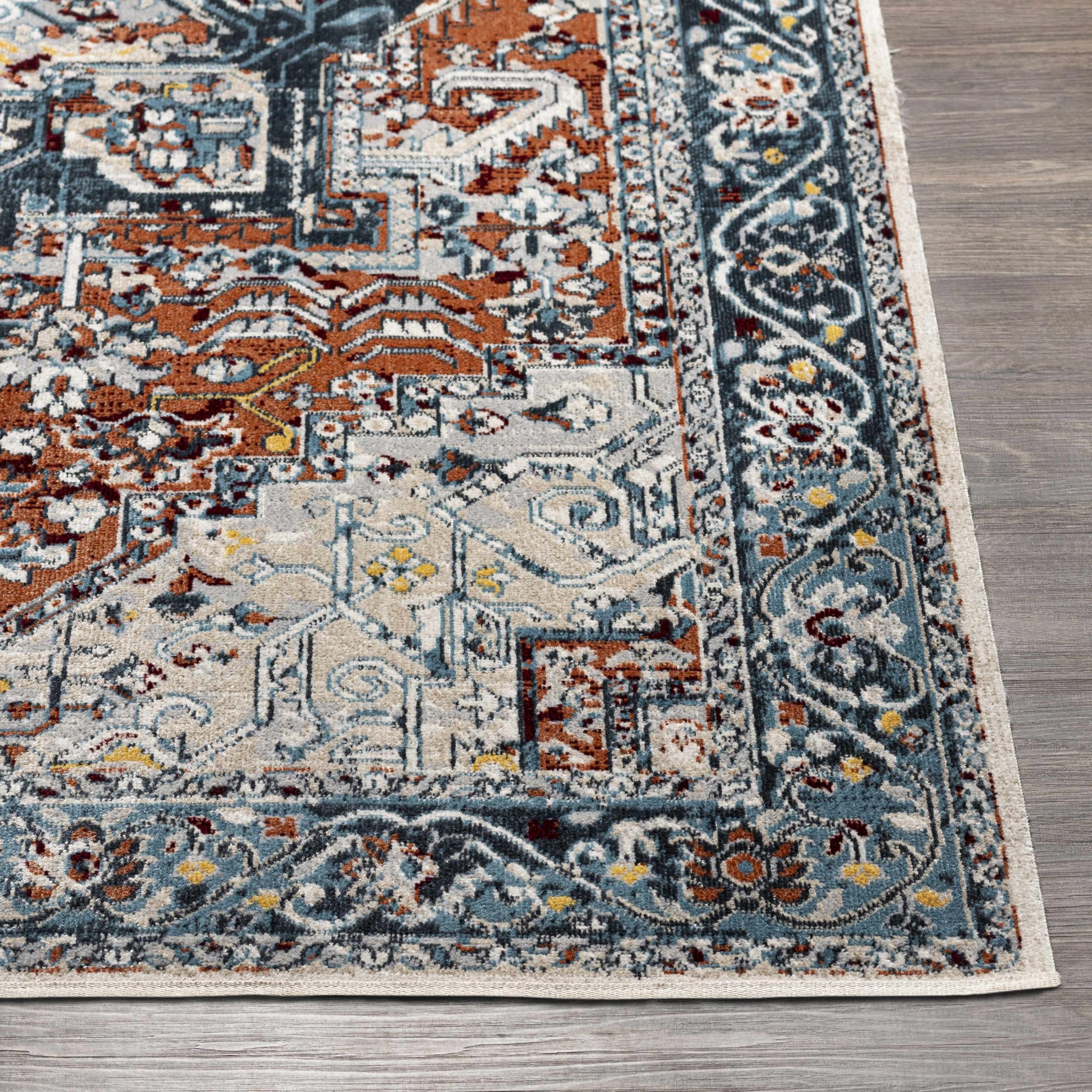 Hauteloom Uson Machine Washable Area Rug for Living Room & Bedroom - Traditional Design in Teal, Blue, Rust - 6'7