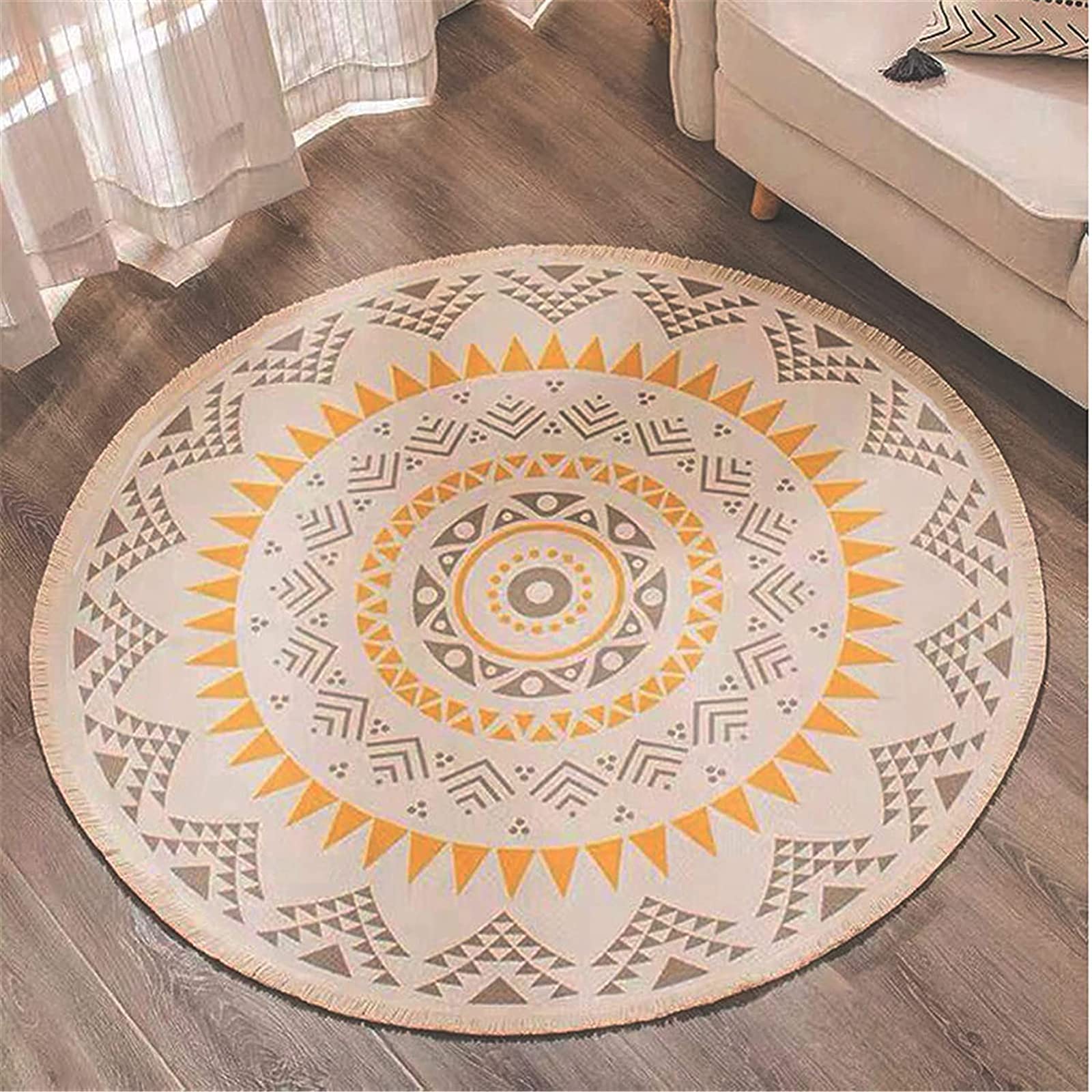 90cm Cotton Round Bohemian Style Washable Area Rug with Fringe - Modern Moroccan Woven Carpet for Living Room & Bedroom | Boho Home Decor, Cozy Floor Mat for Yoga & Meditation Space
