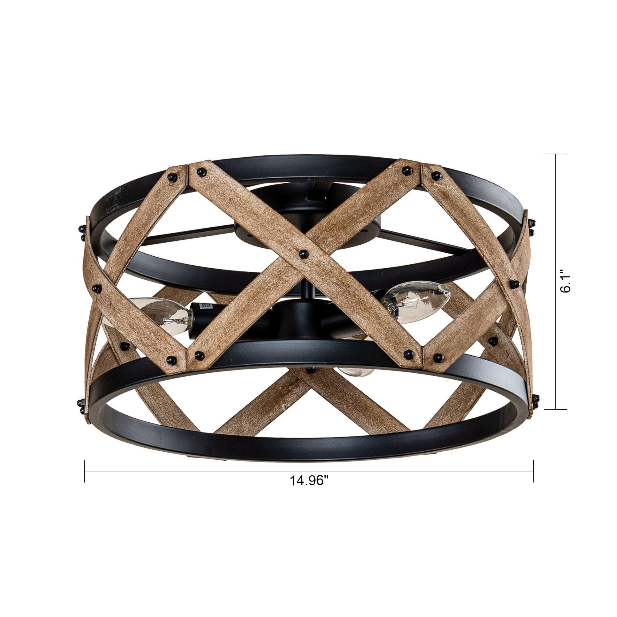 3-Light Industrial Drum Flush Mount Ceiling Light Fixture - Vintage Style Metal Pendant Lighting for Kitchen, Dining Room, Bedroom & Office