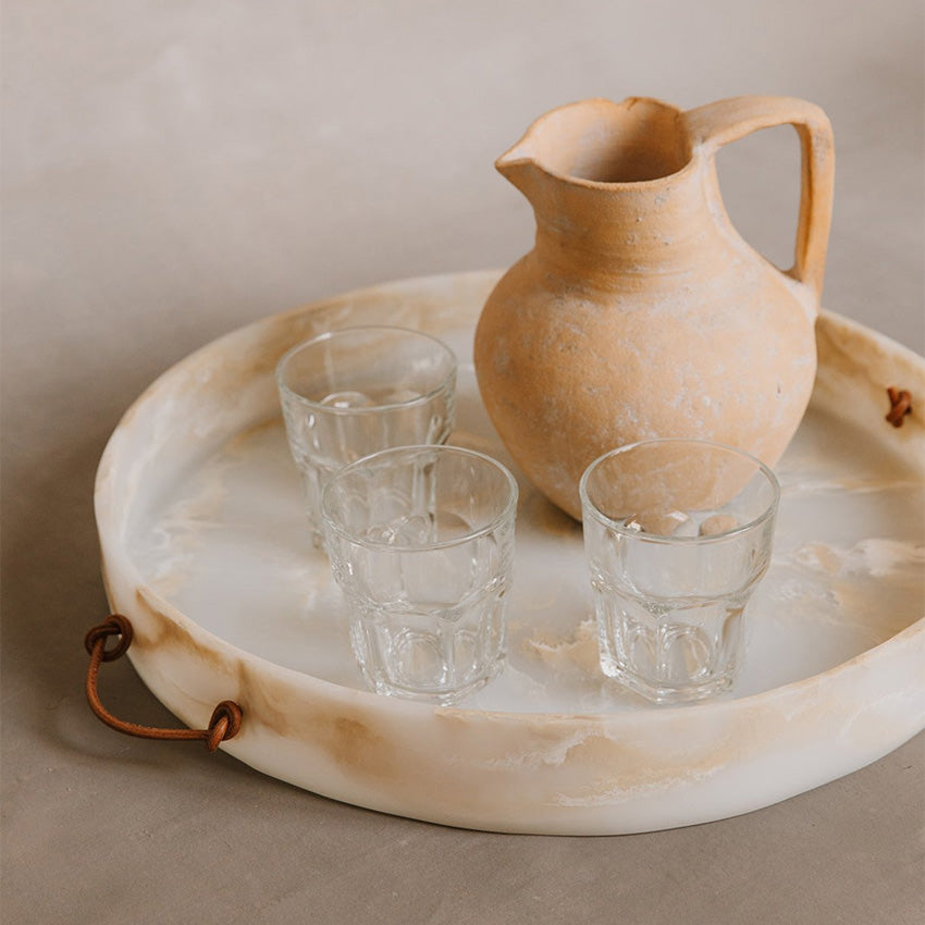 Monica Calderon Studio Round Tray with Leather Handles - Modern Home Decor Serving Tray for Coffee Table, Living Room & Dining Room - Handmade Decorative Tray for Parties, Gifts & Daily Use