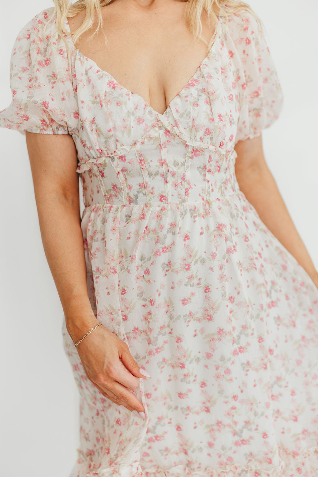 Danielle Corset Maxi Dress - White & Pink Floral Print Women's Formal Evening Gown for Weddings, Prom, and Special Occasions