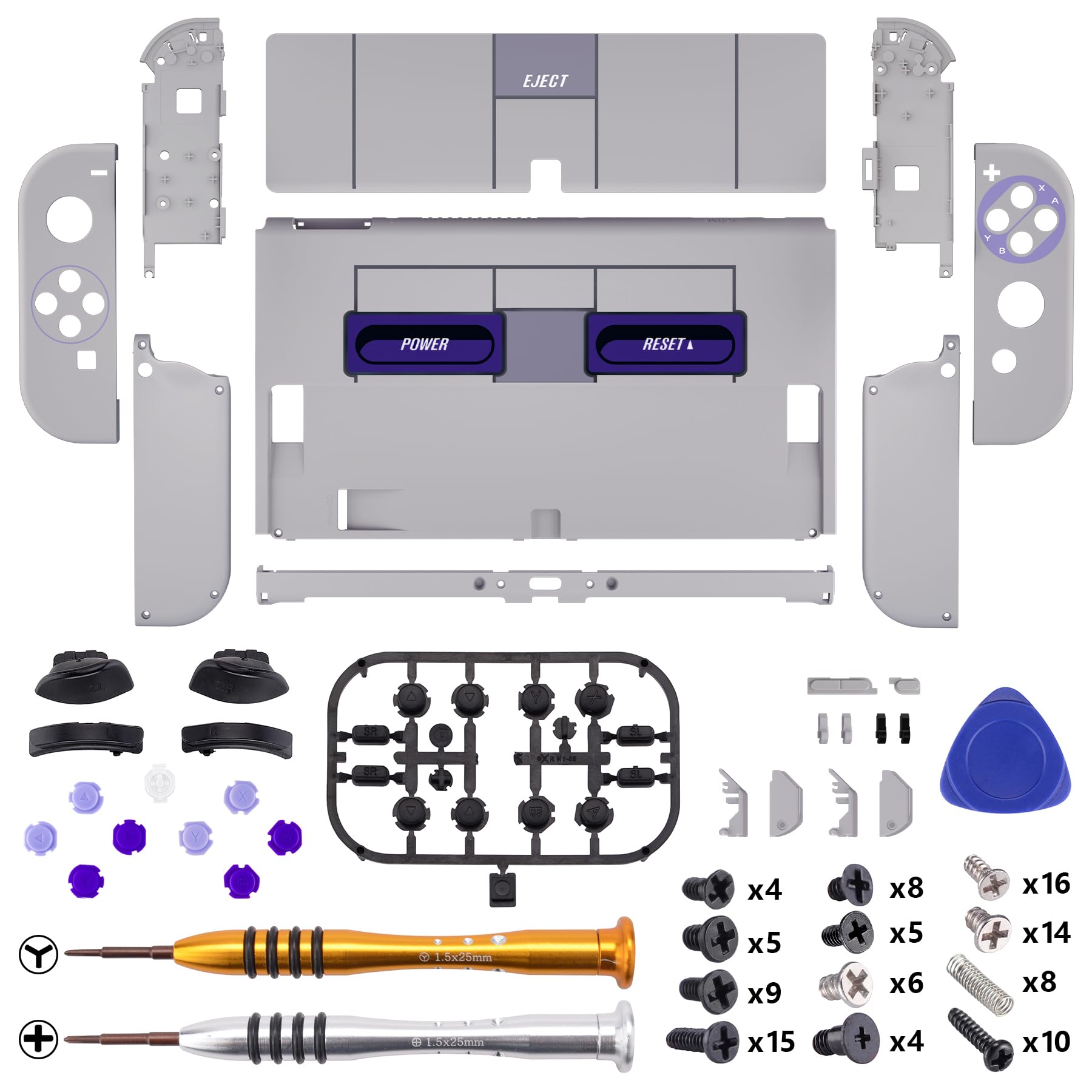 eXtremeRate DIY Full Set Shell Buttons for Nintendo Switch OLED - Soft Touch Replacement Back Plate & Kickstand, Custom Housing for JoyCon Controllers (SNES Style) | Perfect for Gaming Enthusiasts & Console Modders