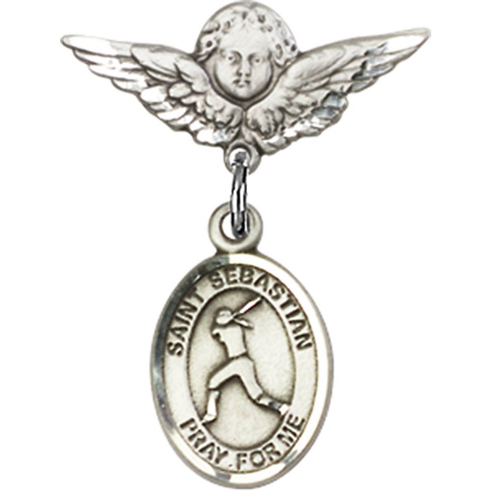 7/8 X 3/4 Inch Sterling Silver Baby Badge with St. Sebastian & Softball Charm - Angel Wing Pin for Christening, Baptism & First Communion Gifts