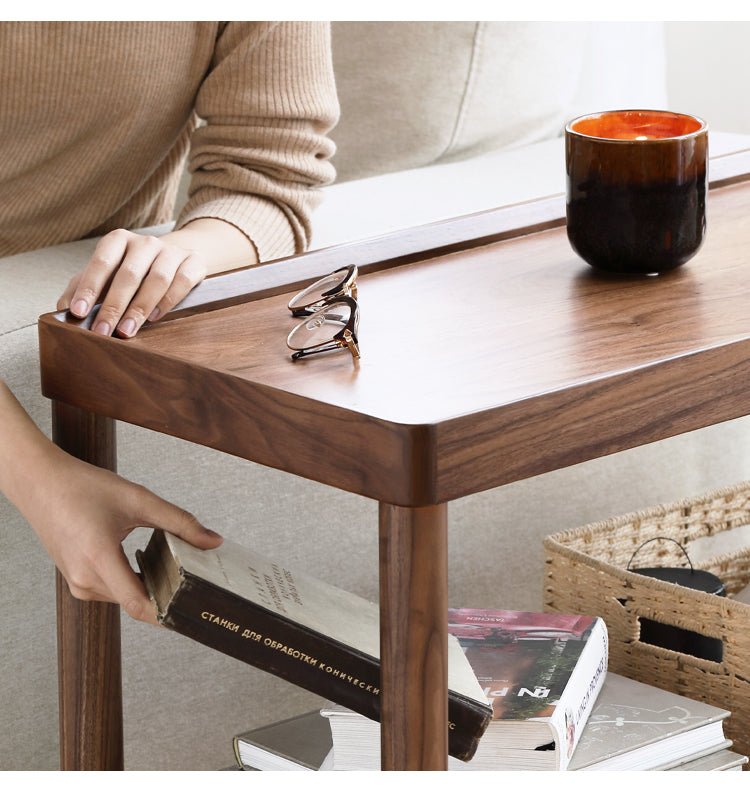Solid Black Walnut Wood Side Table with Double Layer Storage Shelf - Nightstand, Living Room Accent Table, Bedroom End Table for Home Decor
