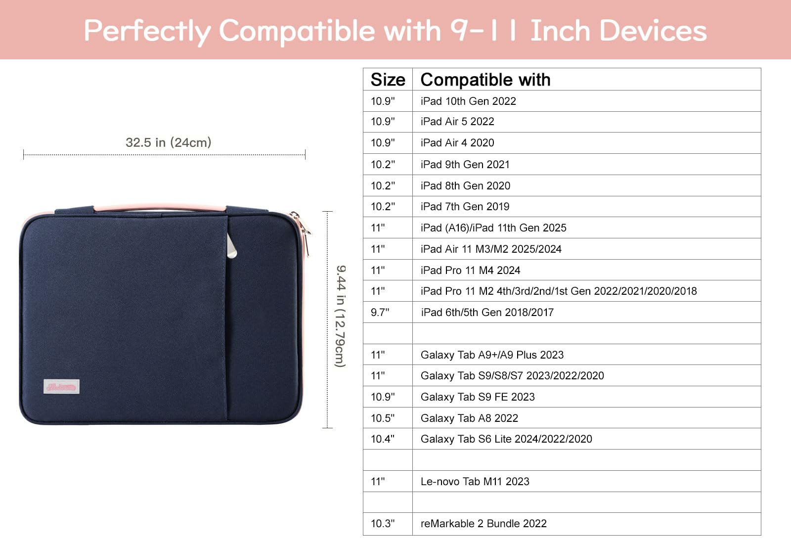 Premium 9-11 Inch Tablet Sleeve Organizer with Handle - Compatible with iPad 9/8/7th 10.2