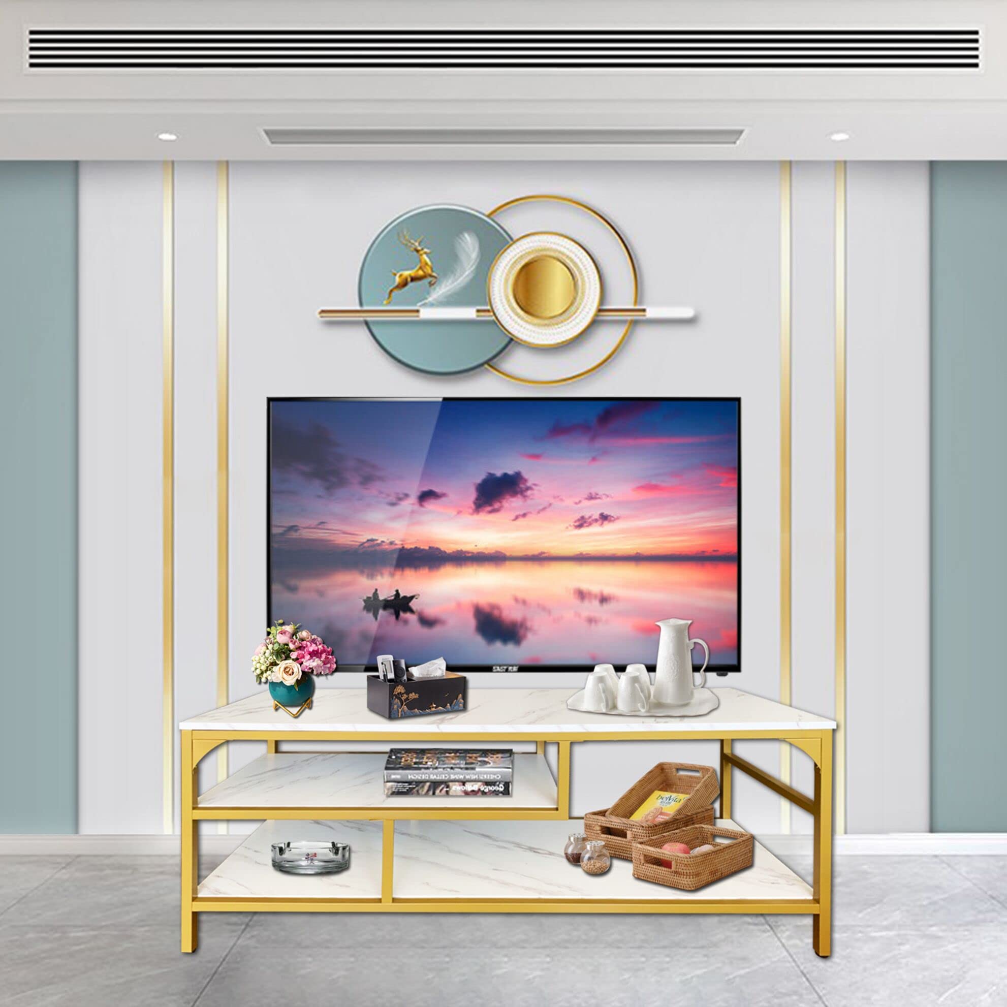 AT-VALY 3-Tier TV Stand with Open Shelves - Gold Metal Frame & White Faux Marble Top Media Console Table for Living Room, Bedroom - Perfect for Organizing Entertainment Systems, Books & Decor