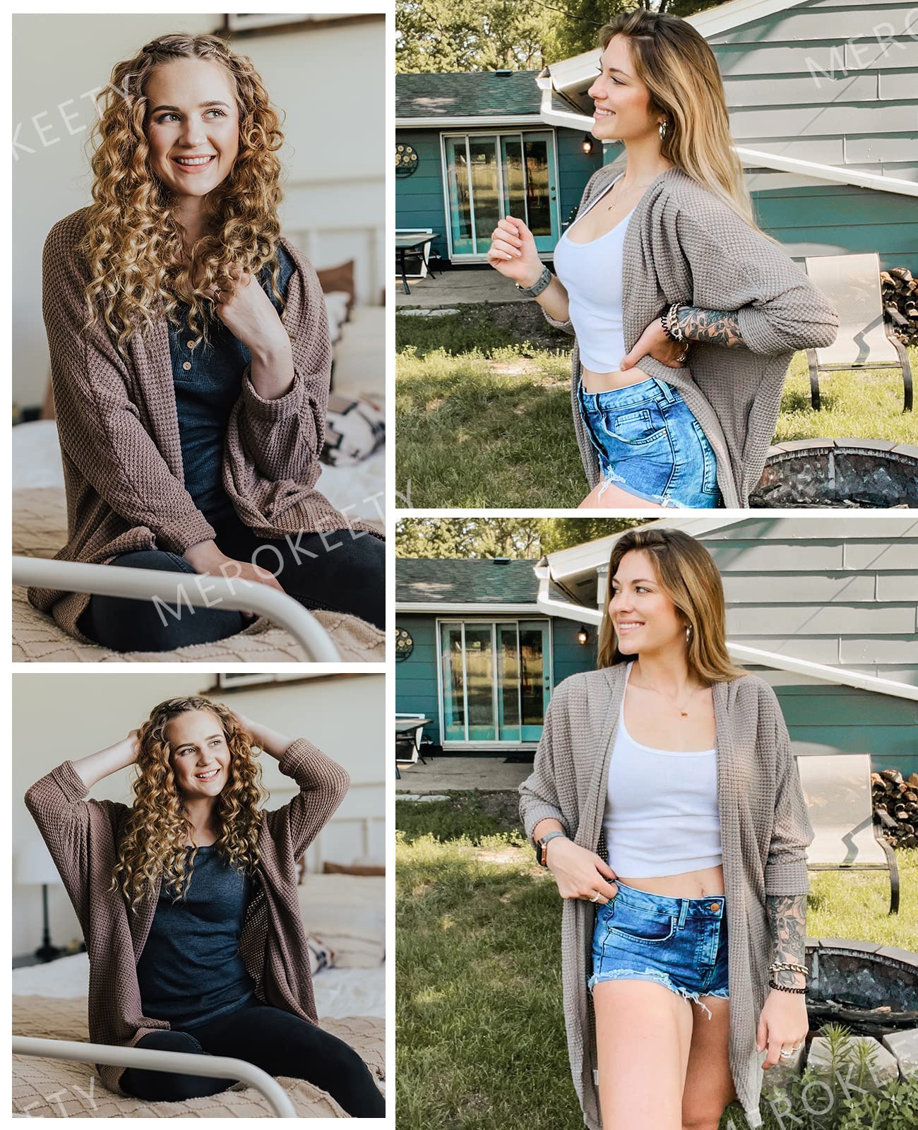 MEROKEETY Women's 2024 Fall Waffle Knit Batwing Long Sleeve Cardigan - Loose Open Front Sweater Coat for Casual Outfits & Layering | Perfect for Office, Coffee Dates and Autumn Strolls