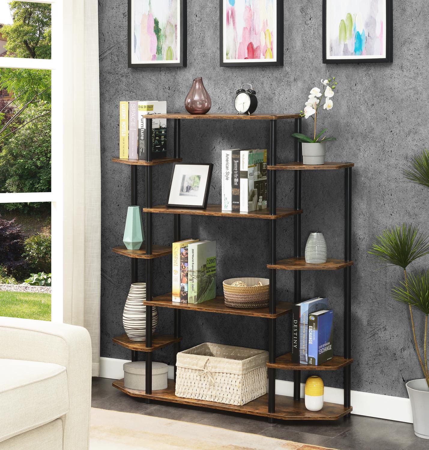 Convenience Concepts Designs2Go No Tools Book Shelf - Contemporary Storage Shelves for Display, 10 Spacious Shelves for Living Room, Office, Barnwood/Black Poles - Perfect for Home Decor, Books, and Collectibles