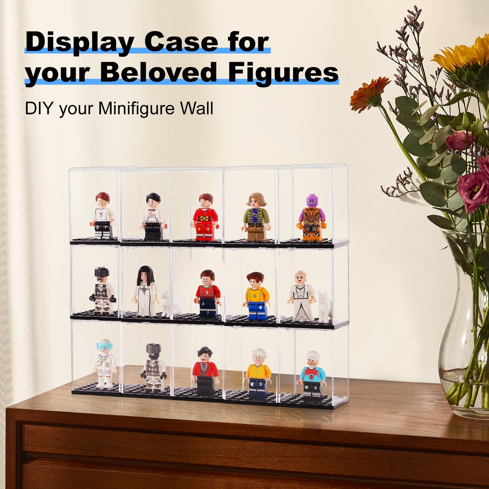 15 Pcs Minifigures Display Cases Set - Dust-Proof Lego Figures Storage Box for Collectors, Mini-Figures Showcase for Lego Minifigures, Action Figures & Collectible Toys - Perfect for Home Display, Office Decor & Gift Giving (Black)