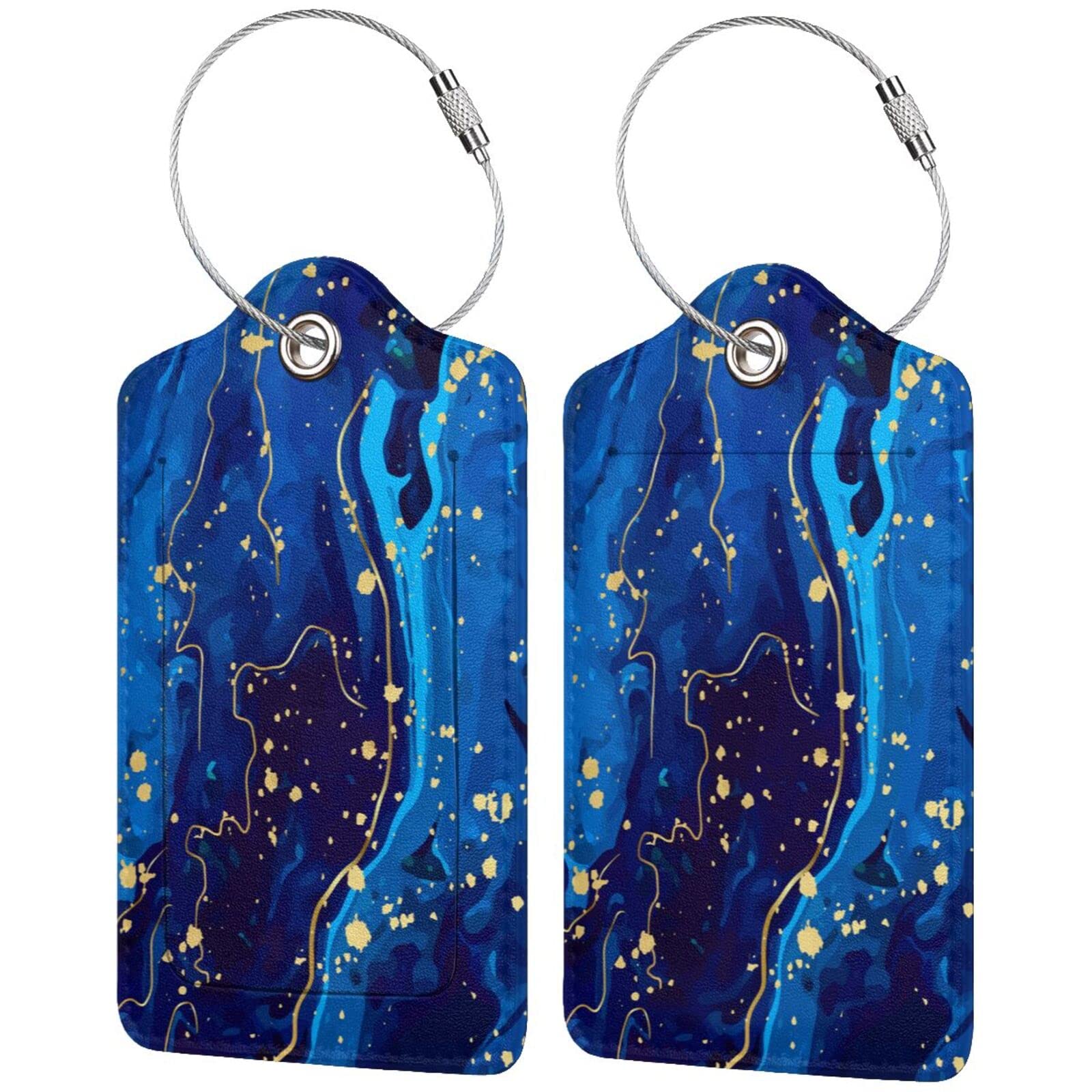 Blue and Gold Marble Luggage Tags with Privacy Cover - Stainless Steel Loop & PU Leather - Personalized Name ID Card Holder - Durable Suitcase Labels for Travel (Perfect for Airports, Cruises, and Business Trips)