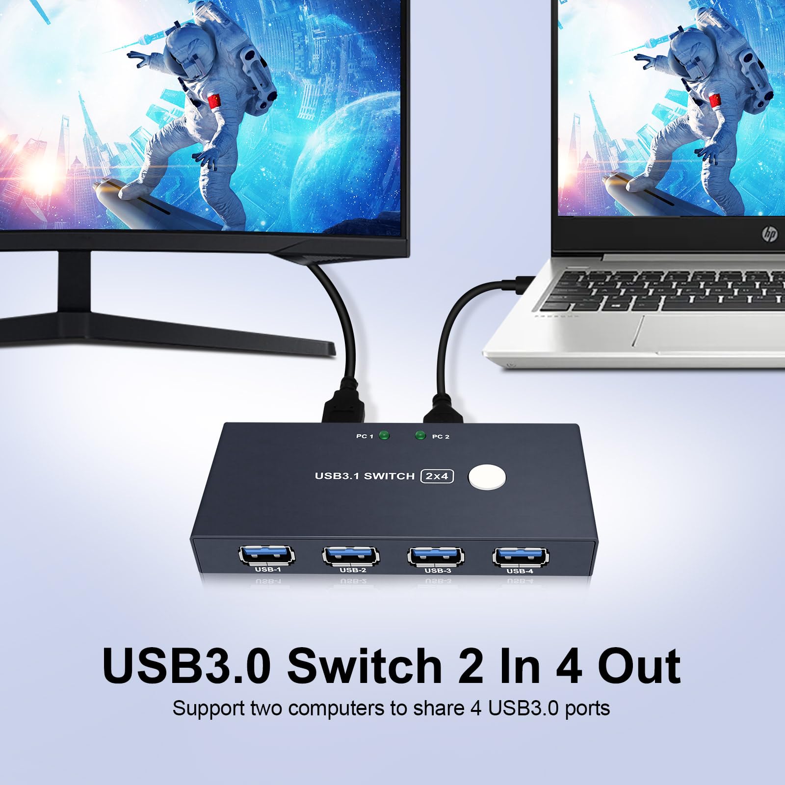 EVATEK USB 3.0 KVM Switch - 2 Input 4 Output USB 3.1 Hub with 2 Cables for Sharing 4 Devices - Peripheral Switcher Box for PC, Laptop, Printer, Scanner - Ideal for Home Office & Multi-Computer Setup