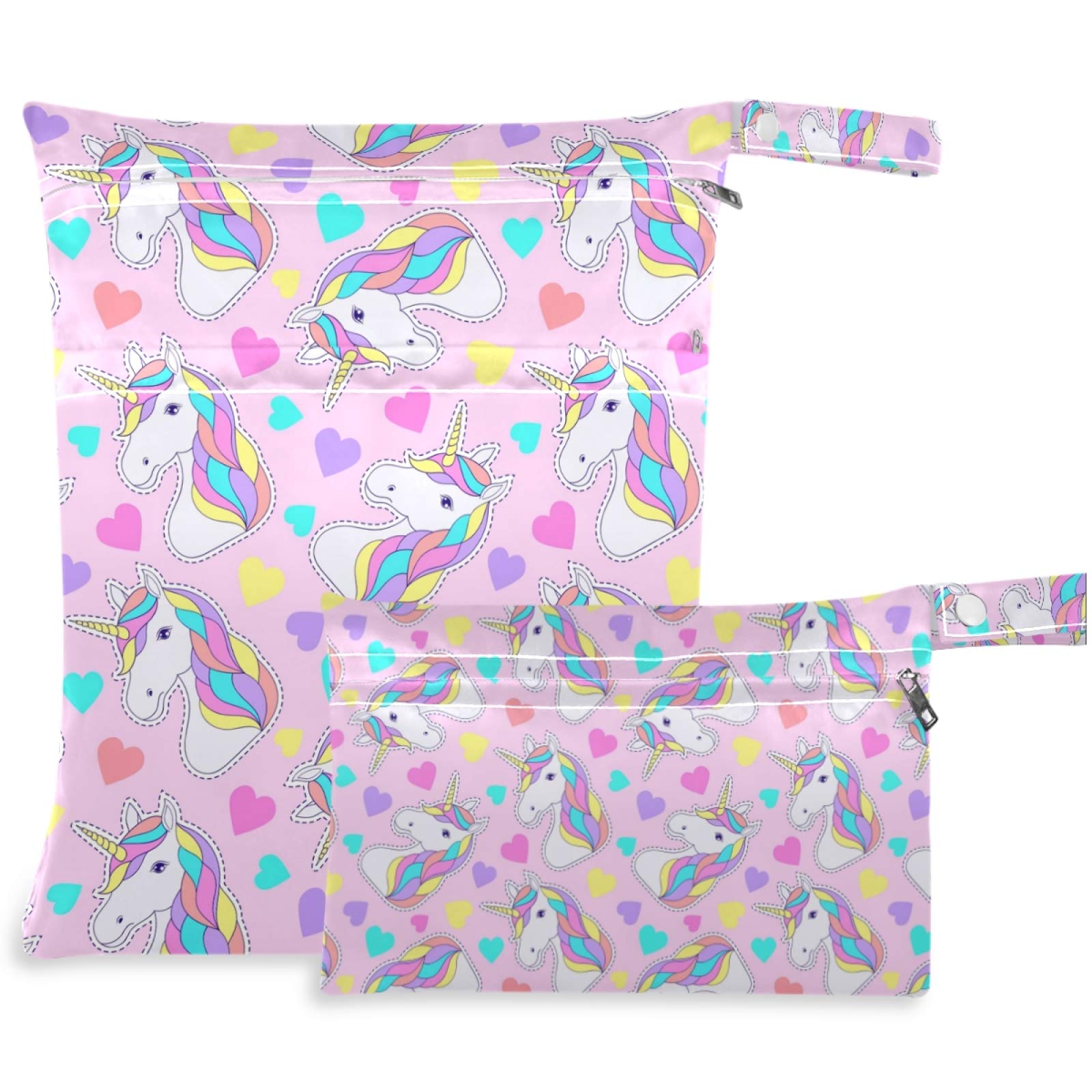 Visesunny 2-Pack Cartoon Unicorn Wet Bags with Zipper Pockets - Waterproof Reusable Storage Pouch for Swimsuits, Gym Clothes & Baby Essentials - Perfect for Travel, Beach, Pool, Daycare & Stroller Organization