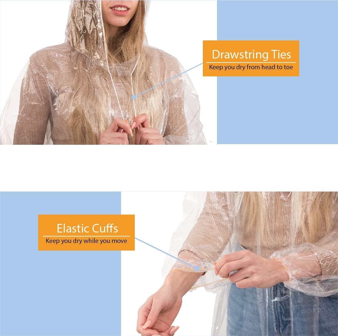ProtectX Premium Disposable Rain Ponchos with Elastic Cuffs & Drawstring Hood - Waterproof Emergency Rainwear for Outdoor Events, Hiking, Travel & Theme Parks