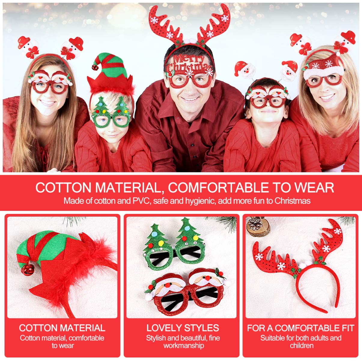 Toyvian 4pcs Christmas Glitter Headbands & 4pcs Party Eyeglasses Set - Kids Holiday Party Accessories for Christmas, Birthday, New Year Celebrations & Photo Booths
