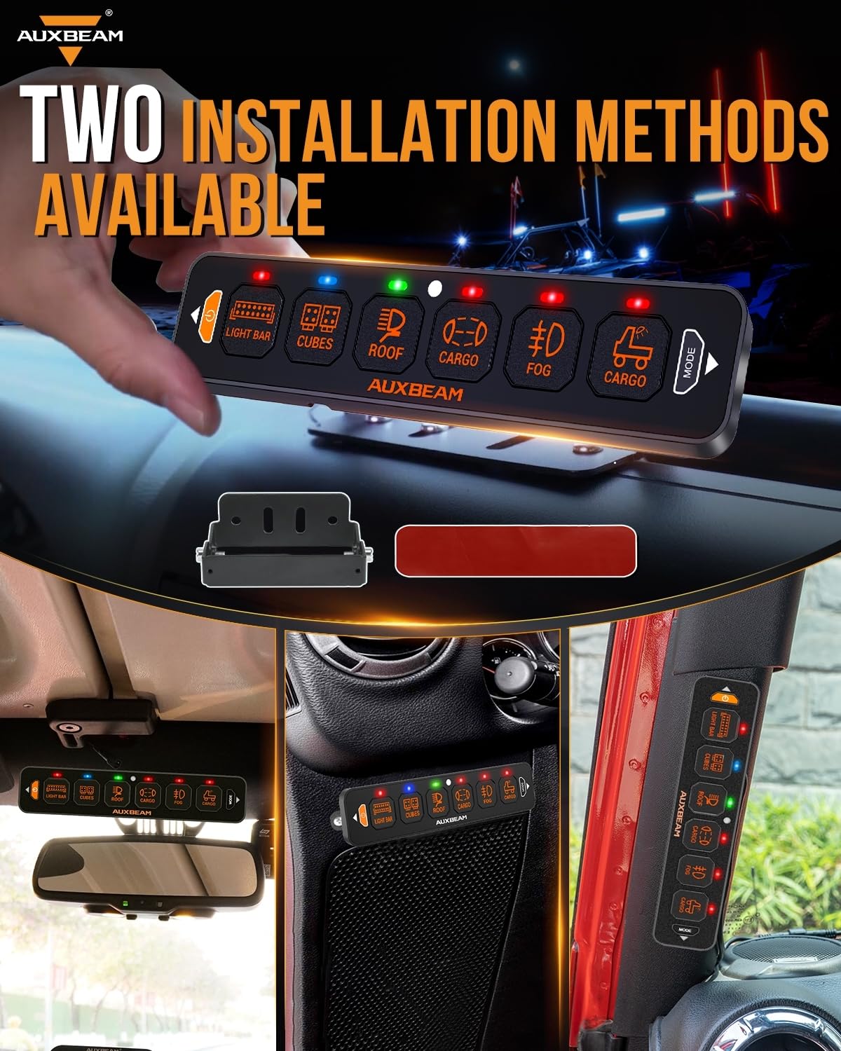 Auxbeam 6 Gang Slim RGB Switch Panel AS-R60 - 12-24V Waterproof Dimmable LED Toggle Switch Panel with Momentary Pulsed Function & Off Backlight - Perfect for Trucks, Offroad Vehicles, Boats & Marine Applications - 2 Year Warranty