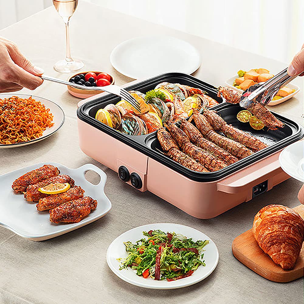 2-in-1 Electric Grill and Hot Pot - Smokeless Indoor Griddle with Adjustable Temperature, 1200W Portable Non-Stick Teppanyaki Pan - Perfect for Family BBQ, Hot Pot Parties, Camping & Home Cooking (Pink)