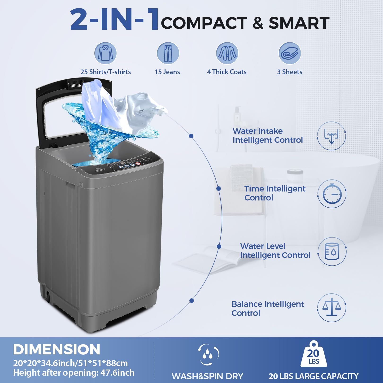 Nictemaw 20Lbs Full-Automatic Portable Washing Machine with Dryer Combo, 2.8Cu.ft Compact Washer - 10 Wash Programs & 8 Water Levels for Apartments, Dorms, RVs - Perfect for Small Spaces, Travel & Laundry on the Go - Glass Cover Included