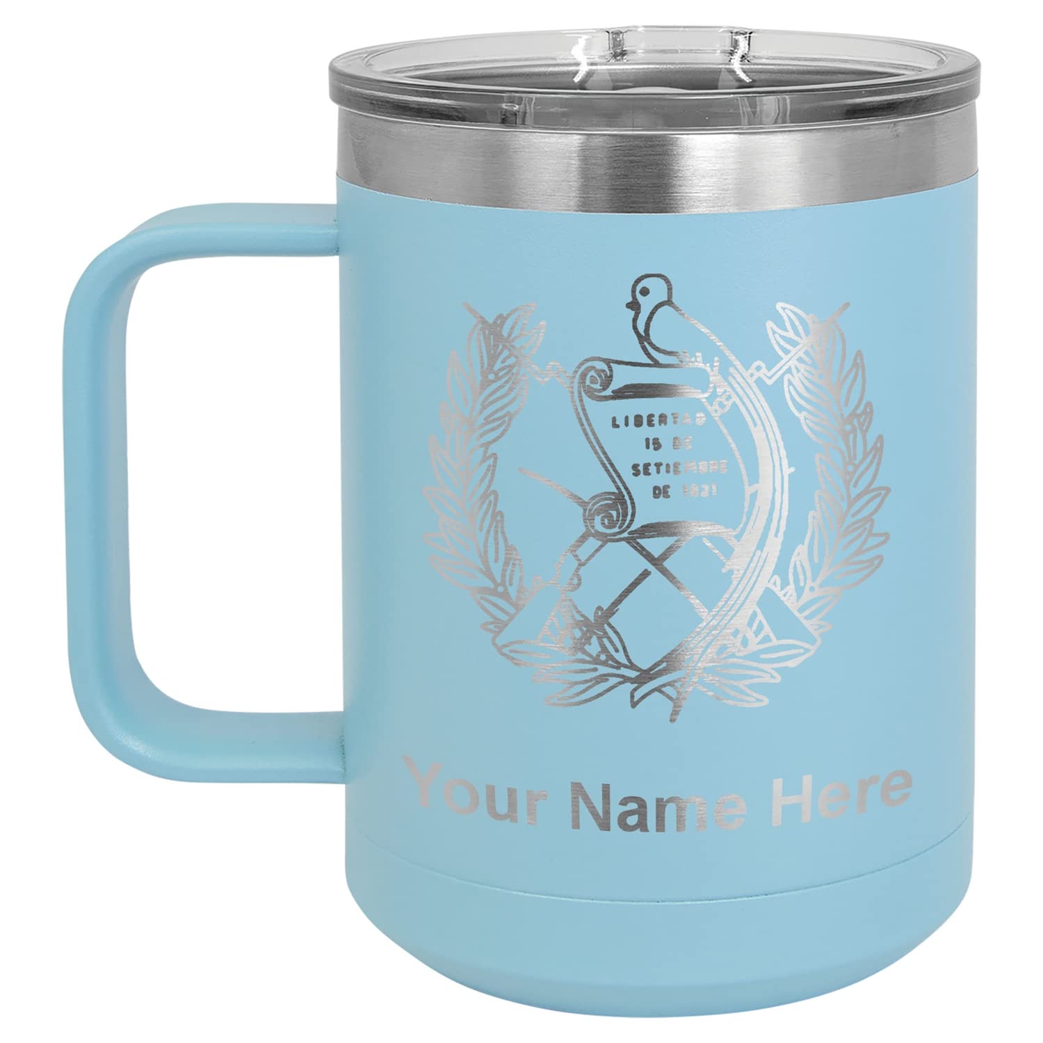 LaserGram 15oz Vacuum Insulated Coffee Mug with Guatemala Flag Design - Personalized Engraving Included (Light Blue) | Perfect for Travel, Office & Outdoor Use