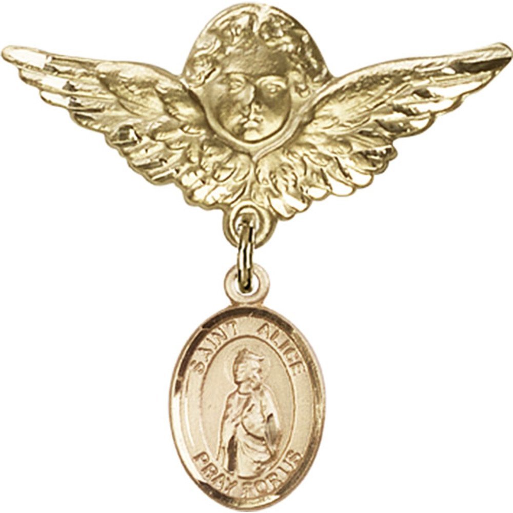 Gold Filled Baby Badge with St. Alice Charm & Angel Wing Pin - 1 1/8 X 1 1/8 Inch - Perfect for Christening Gifts, Baby Showers & Keepsake Jewelry