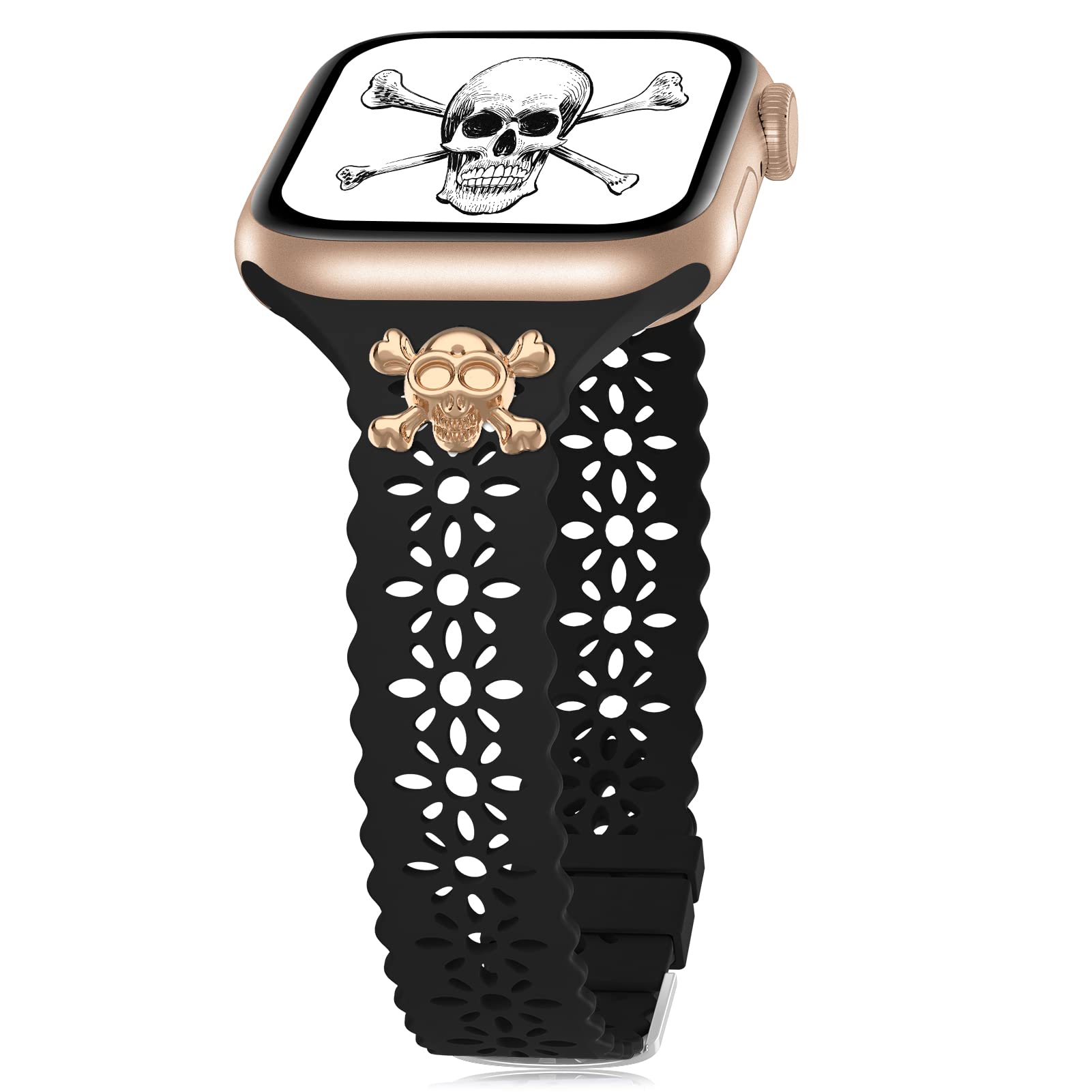 Elegant Lace Silicone Apple Watch Band with Charms - Compatible with 38mm/40mm/41mm/42mm/44mm/45mm - Fashionable Slim Sport Band for Women - Perfect for iWatch Series 7/6/SE/5/4/3/2/1 - Ideal for Workouts, Office Wear & Everyday Fashion Accessory