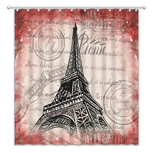 Vintage Eiffel Tower Shower Curtain - Hand-Painted Parisian Art with Retro Postmark Design, French Cultural Landmark Bathroom Decor Set with Hooks | Perfect for Paris-Themed Bathrooms, Romantic Home Decor & Gift Ideas
