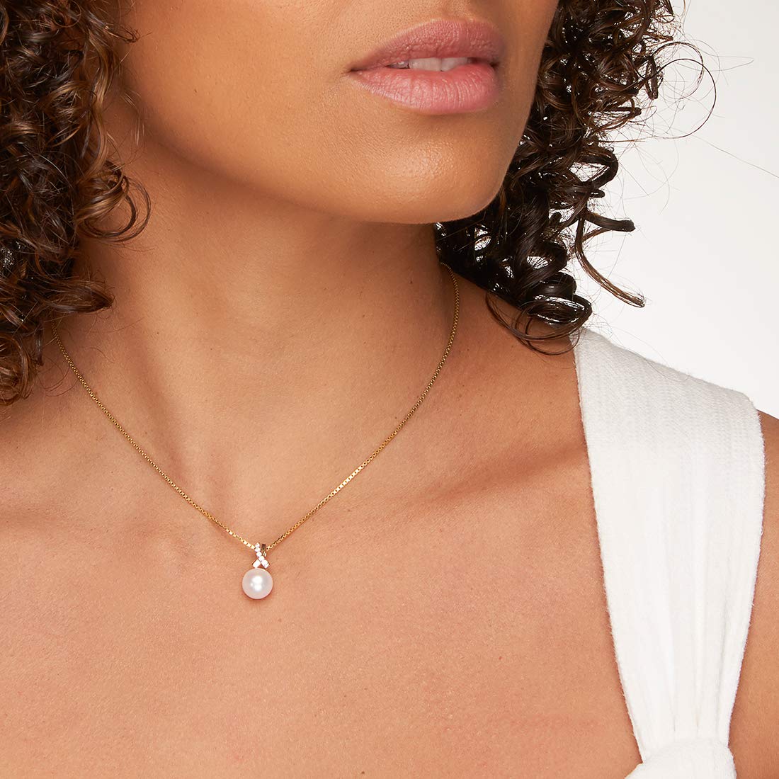 PEORA 14K Yellow Gold Freshwater Cultured White Pearl Pendant Necklace - 9mm Round Button Pearl with Open Infinity Solitaire Design, Elegant Bridal Jewelry for Weddings, Bridesmaids & Special Occasions