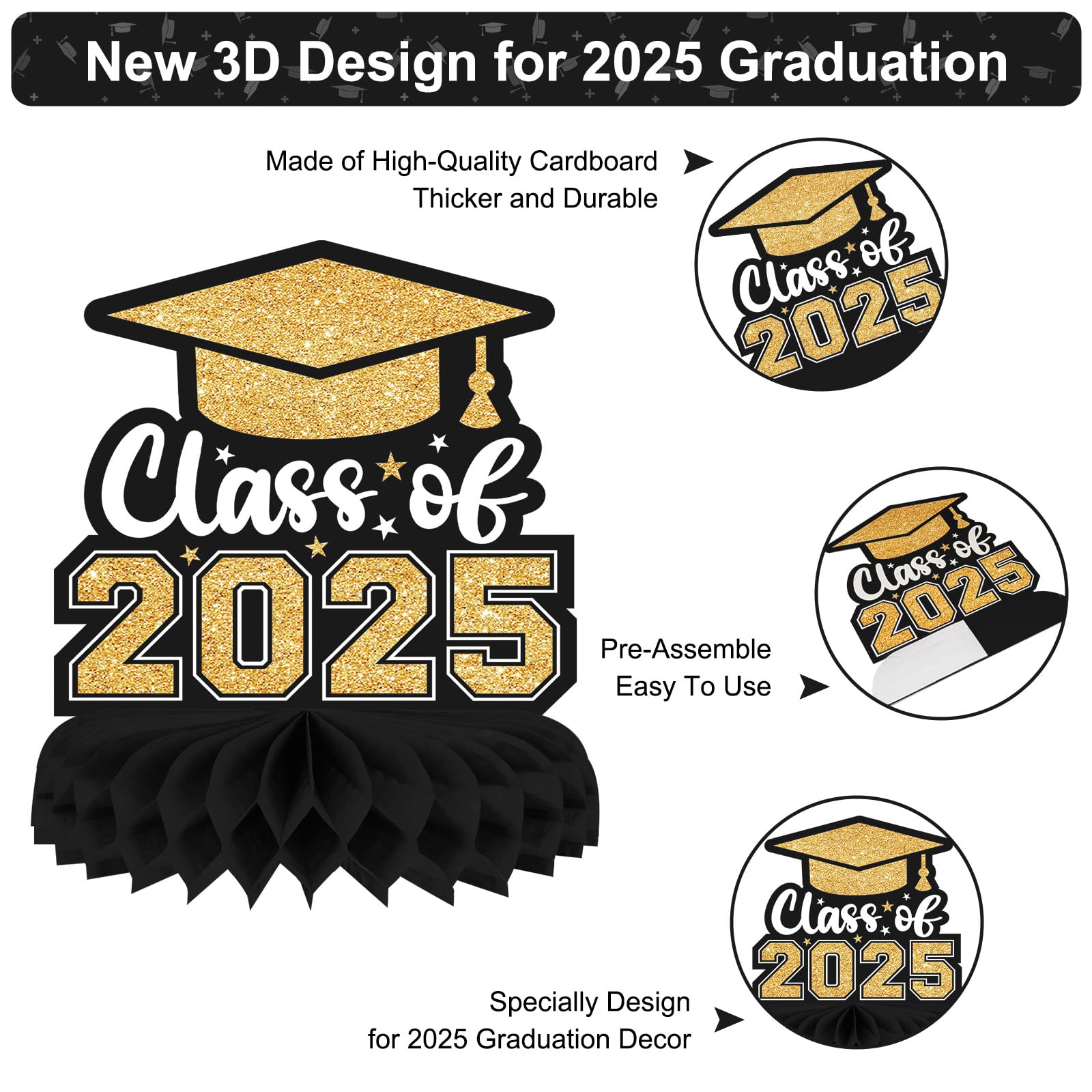 8-Piece Class of 2025 Graduation Table Decor Set - Black & Gold Honeycomb Centerpieces for Grad Party, Congrats Grad Table Toppers - Perfect for High School & College Graduation Ceremonies, Photo Backdrops & Celebration Decorations