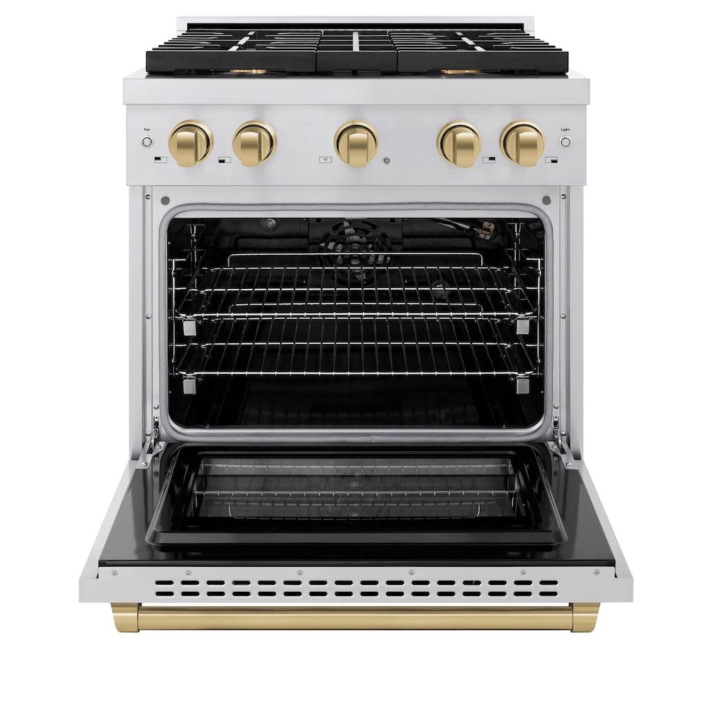 ZLINE Autograph Edition 30-inch 4.2 cu. ft. Stainless Steel Gas Range with 4 Burner Cooktop, Convection Oven & Champagne Bronze Accents - Perfect for Modern Kitchens & Professional Cooking (Model SGRZ 30 CB)