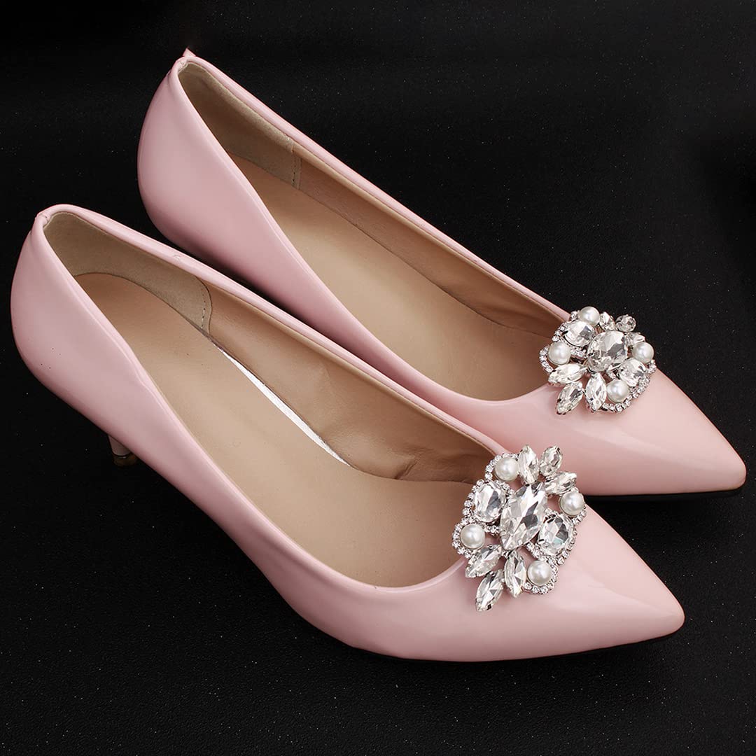 2 Pcs Clear Rhinestone Pearls Shoe Clips - Detachable Metal Buckle Decor for Wedding High Heels, Pumps & Flats | Elegant Shoe Accessories for Bridal, Prom & Special Occasions
