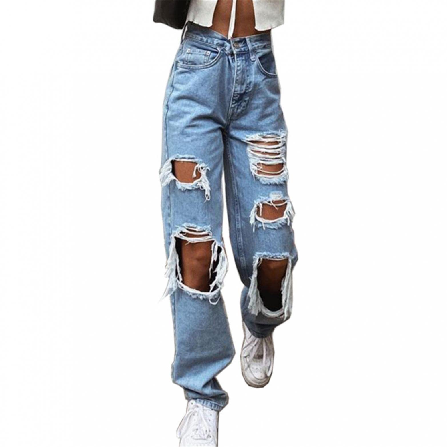 Women's Plus Size Boyfriend Jeans - High Waist Classic Color Block Denim Pants, Straight & Baggy Fit | Casual Everyday Wear & Street Style Outfits