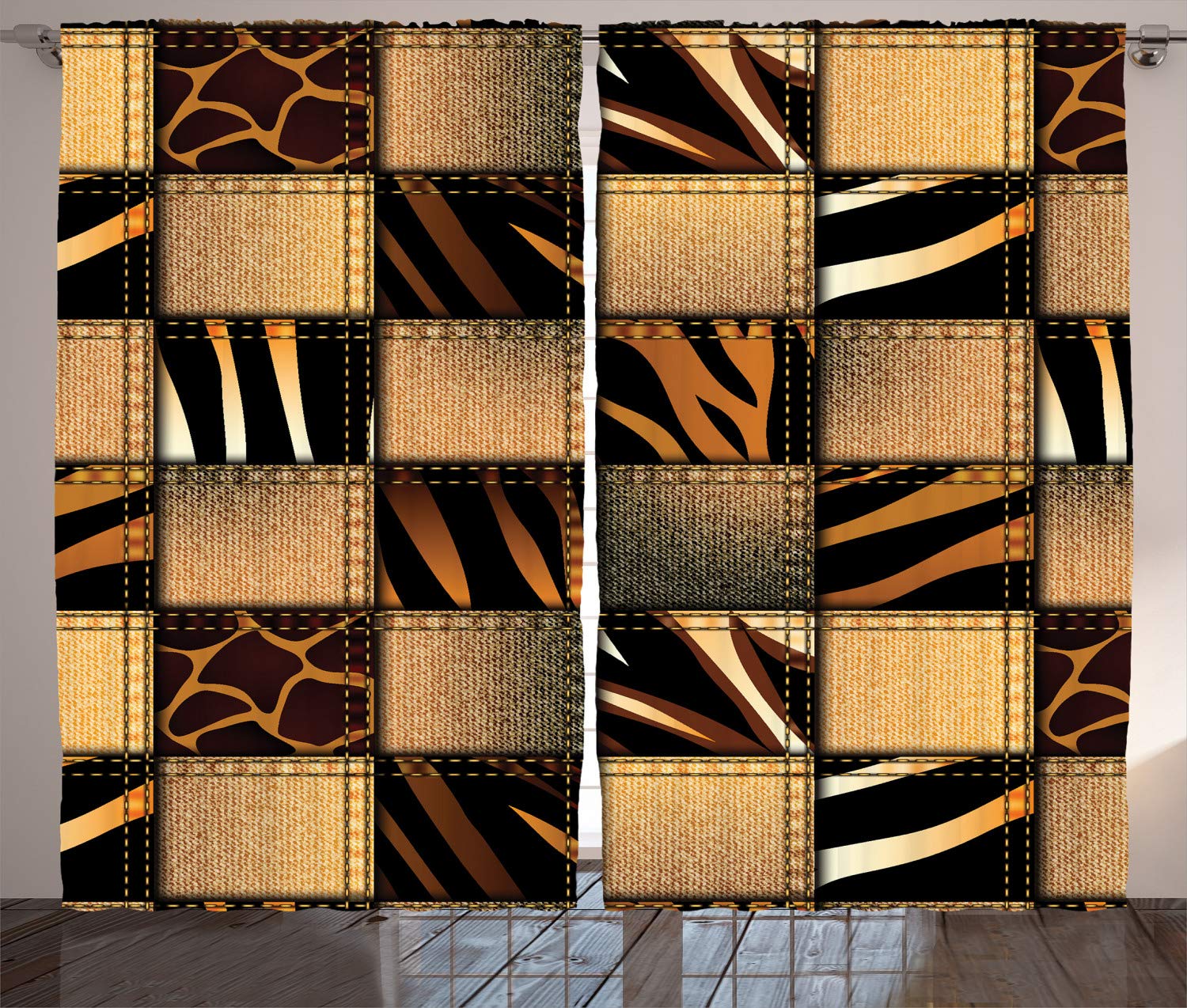 Ambesonne Savannah Curtains - Giraffe & Zebra Print Patchwork Design, Earthy Denim Inspired Window Drapes for Living Room & Bedroom, 2 Panel Set (108