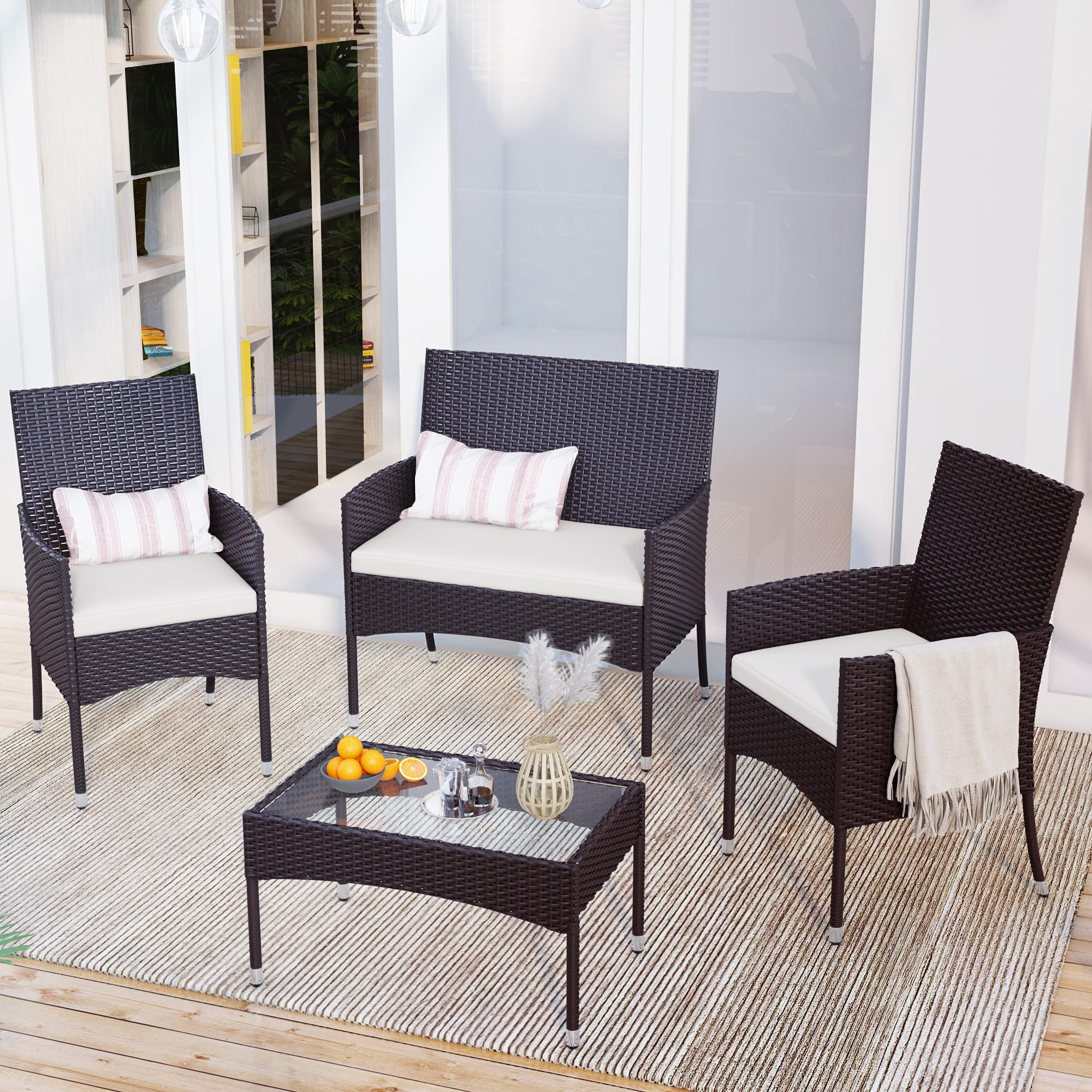 4-Piece Outdoor Wicker Rattan Patio Furniture Set with White Cushions - Perfect for Backyard, Garden, Balcony, Porch & Poolside Relaxation | Weather-Resistant & Comfortable Seating Solution