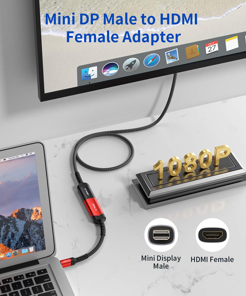 JSAUX Mini DisplayPort to HDMI Adapter - Aluminum Nylon Braided Thunderbolt to HDMI Converter for MacBook Pro/Air, Surface Pro, Monitor, Projector - 4K 60Hz Video Output (Red) - Perfect for Home Office, Gaming & Presentations