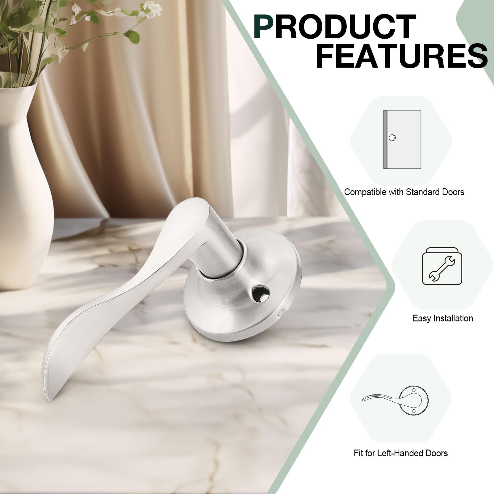 GobeKor 6 Pack Brushed Nickel Half Dummy Lever Door Handles - Left-Handed Non-Turning Interior Door Locks for Closet & French Doors - Perfect for Bedrooms, Bathrooms, and Home Office Spaces