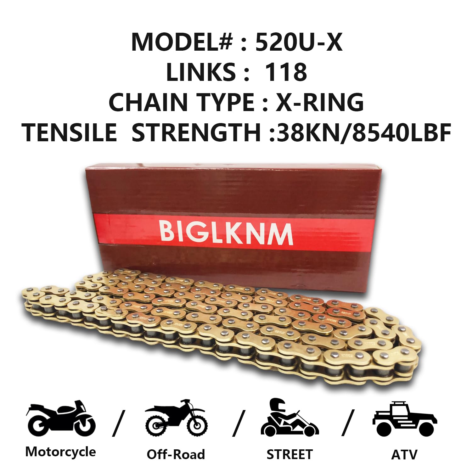 520 X-Ring Gold Motorcycle Chain - 118 Links Heavy Duty O-Ring Chain with Master Link for Harley, Honda, Yamaha - Perfect for Street Bikes, Cruisers & Off-Road Riding