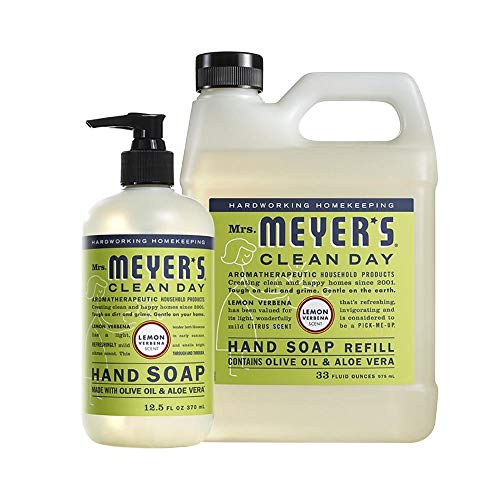 Lemon Verbena Scented Liquid Hand Soap & Refill Combo Pack - 12.5 Fl Oz Hand Soap + 33 Fl Oz Refill | Gentle Cleansing for Kitchen, Bathroom & Office | Moisturizing & Antibacterial