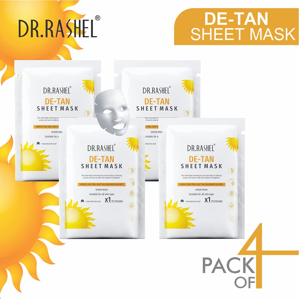 DR.RASHEL De-Tan Face Sheet Mask with Serum - Brightening & Hydrating for All Skin Types, Deep Cleansing, Oil Control & Skin Repair - 20g Each (Pack of 4) - Perfect for Post-Sun Care & Daily Skincare Routine